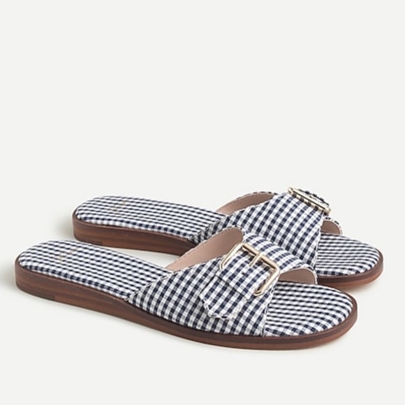 NIB J.Crew blue check printed buckle flat sandals Sz 7.5